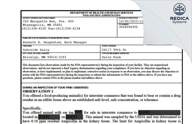 FDA 483 - Sahrside Dairy [Bricelyn / United States of America] - Download PDF - Redica Systems