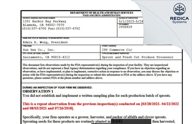 FDA 483 - Sun Sen Co., Inc. [Sacramento / United States of America] - Download PDF - Redica Systems