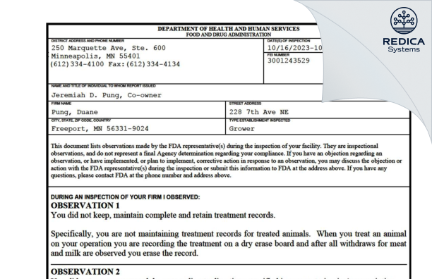 FDA 483 - Pung Dairy, LLC [Freeport / United States of America] - Download PDF - Redica Systems