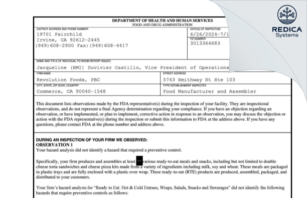FDA 483 - Revolution Foods, PBC [Commerce / United States of America] - Download PDF - Redica Systems