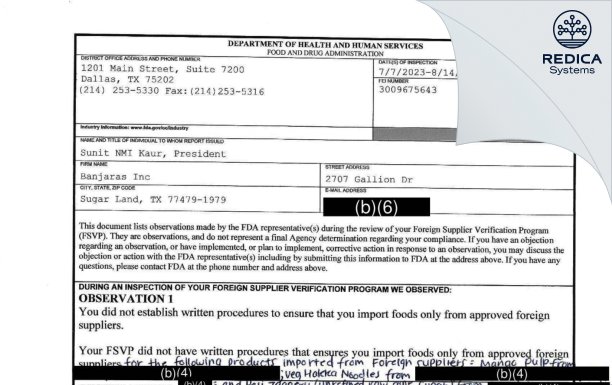 FDA 483 - Banjaras Inc [Sugar Land / United States of America] - Download PDF - Redica Systems