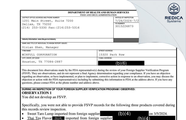 FDA 483 - WINFULL CORPORATION [Houston / United States of America] - Download PDF - Redica Systems