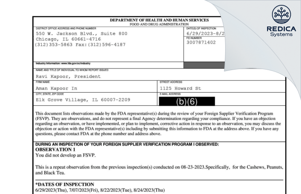FDA 483 - Aman Kapoor In [Elk Grove Village / United States of America] - Download PDF - Redica Systems