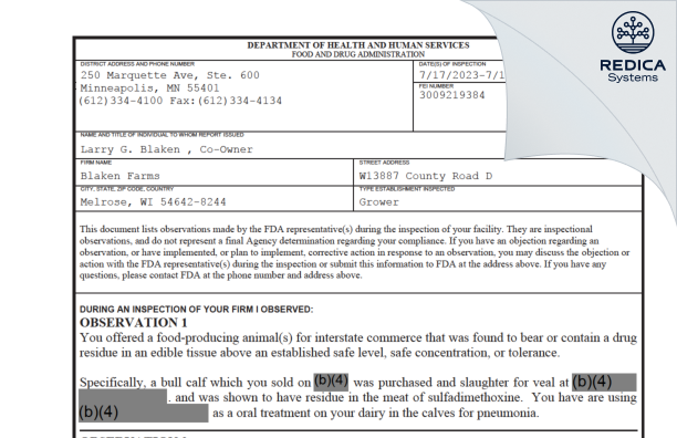 FDA 483 - Blaken Farms [Melrose / United States of America] - Download PDF - Redica Systems