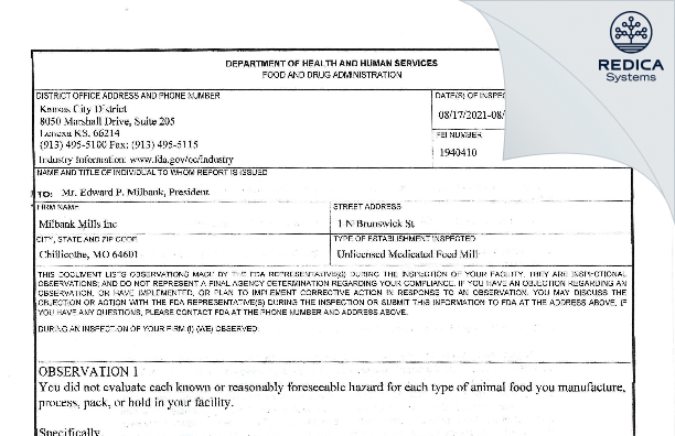 FDA 483 - Milbank Mills, Inc. [Chillicothe / United States of America] - Download PDF - Redica Systems