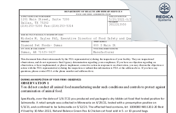 FDA 483 - Blaken Farms [Melrose / United States of America] - Download PDF - Redica Systems
