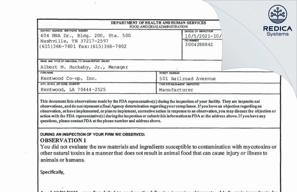 FDA 483 - Kentwood Co-op, Inc. [Kentwood / United States of America] - Download PDF - Redica Systems