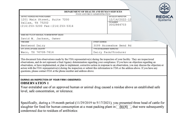 FDA 483 - Bentwood Dairy [Waco / United States of America] - Download PDF - Redica Systems