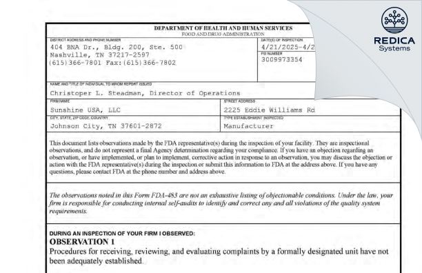 FDA 483 - Sunshine USA, LLC [Kingsport / United States of America] - Download PDF - Redica Systems