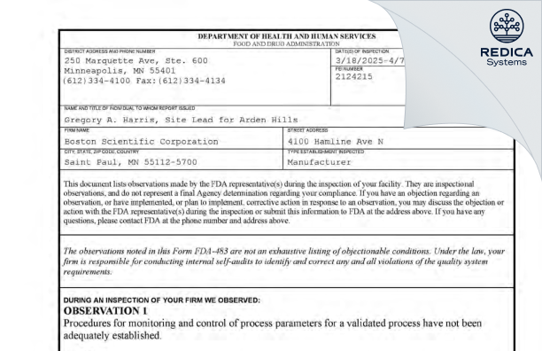 FDA 483 - Boston Scientific Corporation [Saint Paul / United States of America] - Download PDF - Redica Systems