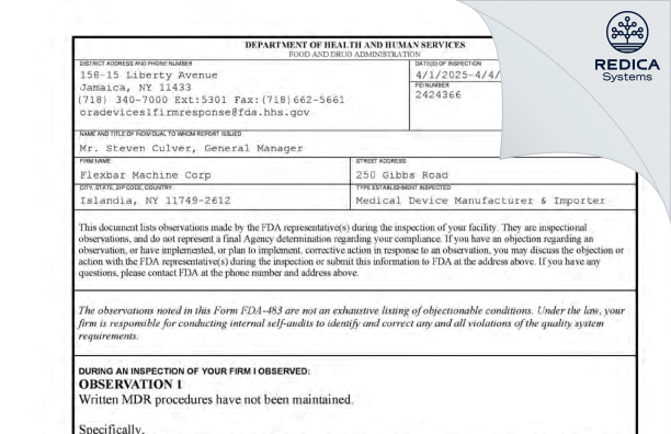 FDA 483 - Flexbar Machine Corp [Islandia / United States of America] - Download PDF - Redica Systems