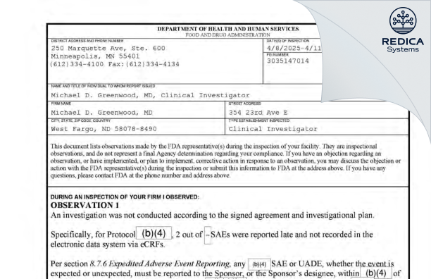 FDA 483 - Michael D. Greenwood, MD [West Fargo / United States of America] - Download PDF - Redica Systems