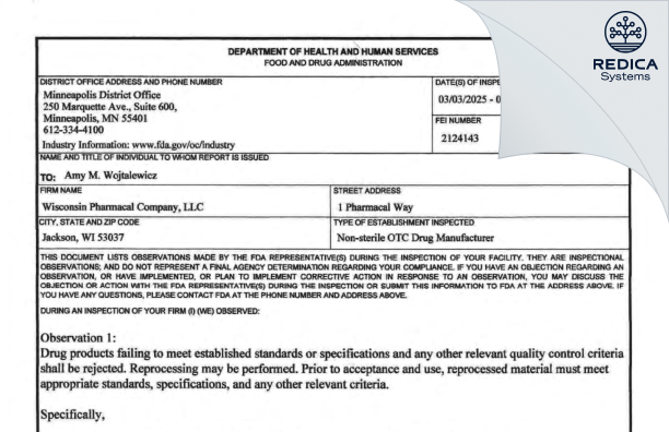FDA 483 - Wisconsin Pharmacal Company, LLC [Jackson / United States of America] - Download PDF - Redica Systems