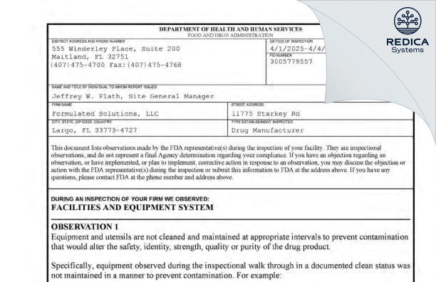 FDA 483 - Formulated Solutions, LLC [Largo / United States of America] - Download PDF - Redica Systems