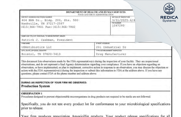 FDA 483 - USAntibiotics, LLC [Bristol / United States of America] - Download PDF - Redica Systems