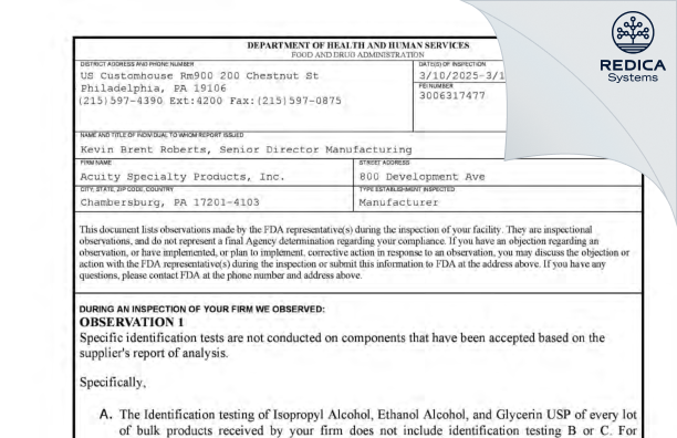 FDA 483 - Acuity Specialty Products, Inc dba AFCO US [Chambersburg / United States of America] - Download PDF - Redica Systems
