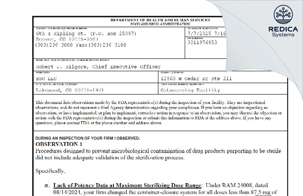 FDA 483 - BSO LLC [Lakewood / United States of America] - Download PDF - Redica Systems