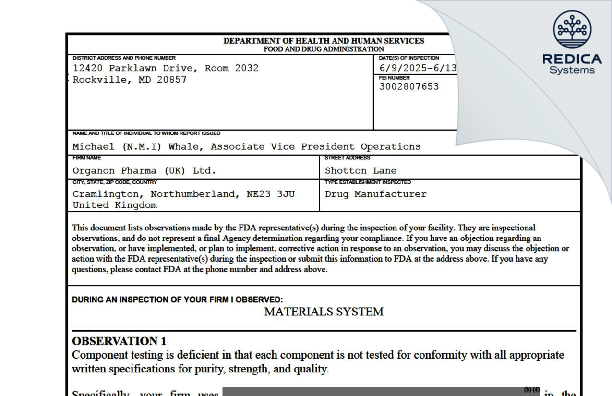 FDA 483 - ORGANON PHARMA (UK) LIMITED [Northumberland / United Kingdom of Great Britain and Northern Ireland] - Download PDF - Redica Systems