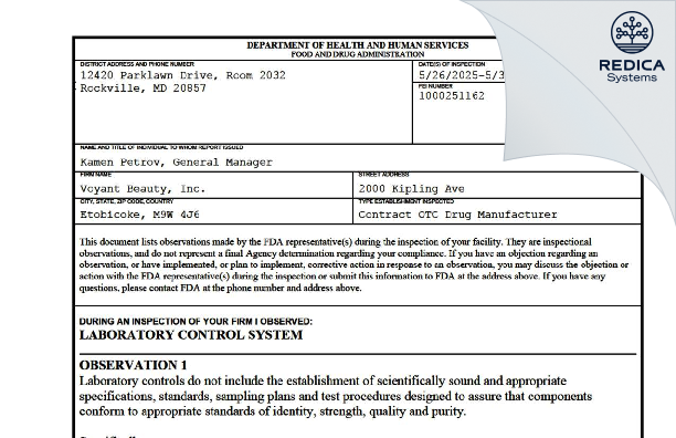 FDA 483 - Voyant Beauty, Inc. [Etobicoke / Canada] - Download PDF - Redica Systems