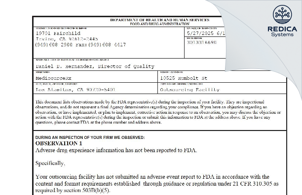 FDA 483 - MedisourceRx [Los Alamitos / United States of America] - Download PDF - Redica Systems