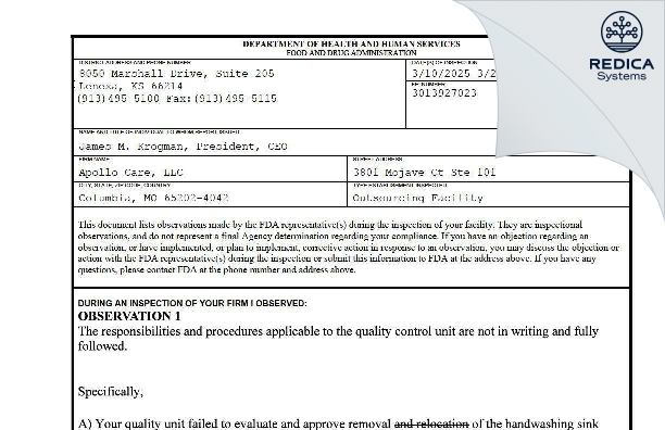 FDA 483 - Apollo Care, LLC [Columbia / United States of America] - Download PDF - Redica Systems