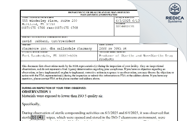 FDA 483 - Pharmcore Inc. dba Hallandale Pharmacy [Fort Lauderdale / United States of America] - Download PDF - Redica Systems