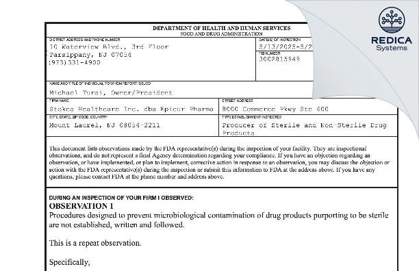 FDA 483 - Stokes Healthcare Inc. dba Epicur Pharma [Mount Laurel / United States of America] - Download PDF - Redica Systems