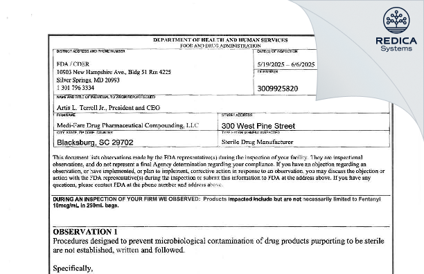 FDA 483 - Medi-Fare Drug [Blacksburg / United States of America] - Download PDF - Redica Systems