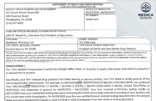 FDA 483 - Boothwyn Pharmacy LLC [Kennett Square / United States of America] - Download PDF - Redica Systems