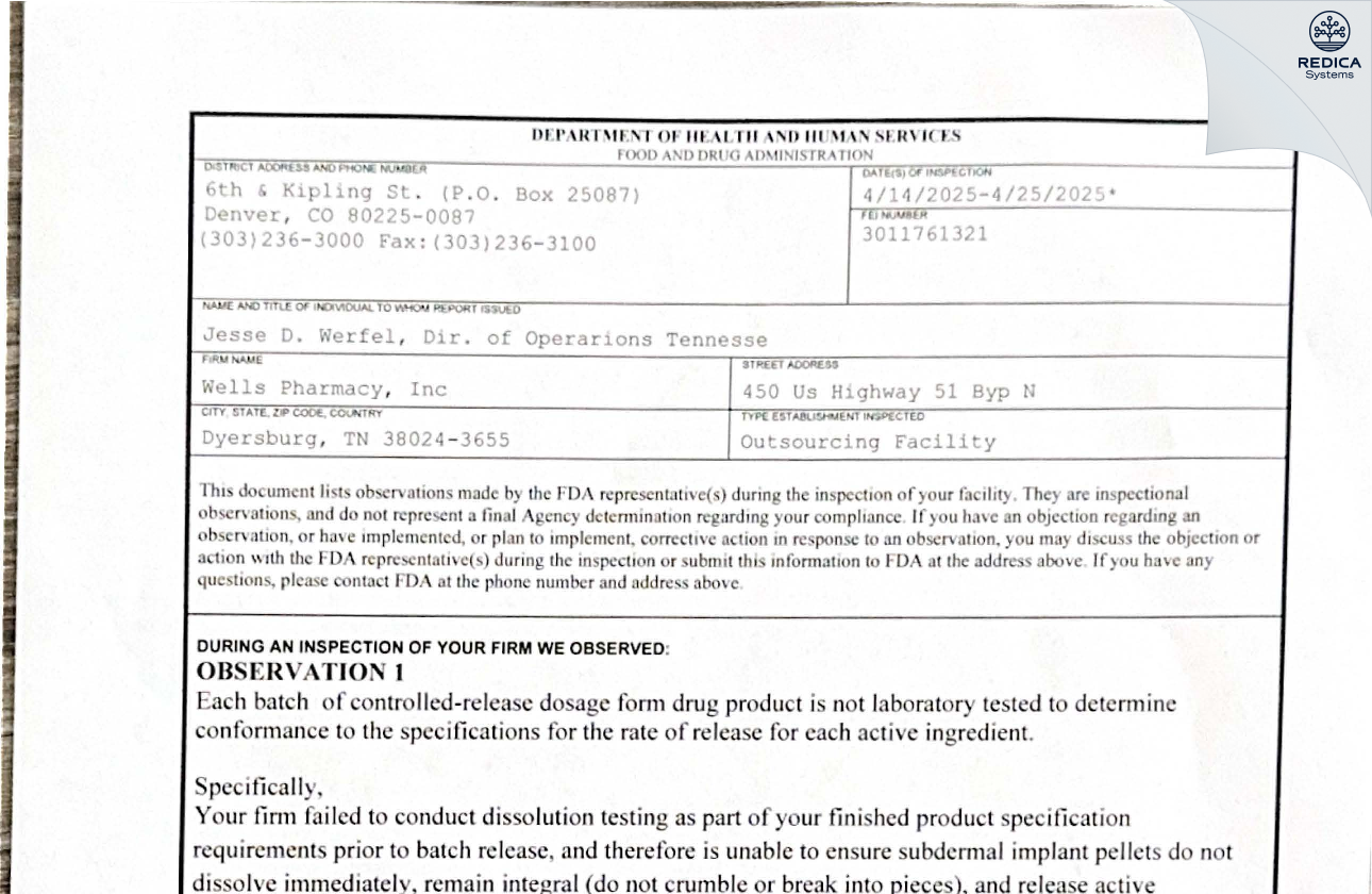 FDA 483 - Wells Pharmacy, Inc [Dyersburg / United States of America] - Download PDF - Redica Systems