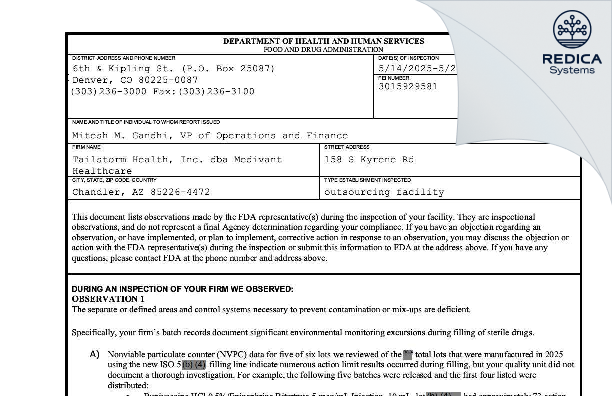 FDA 483 - TAILSTORM HEALTH INC [Chandler / United States of America] - Download PDF - Redica Systems