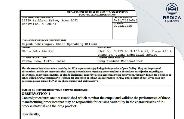 FDA 483 - Micro Labs Limited [Mormugao / India] - Download PDF - Redica Systems