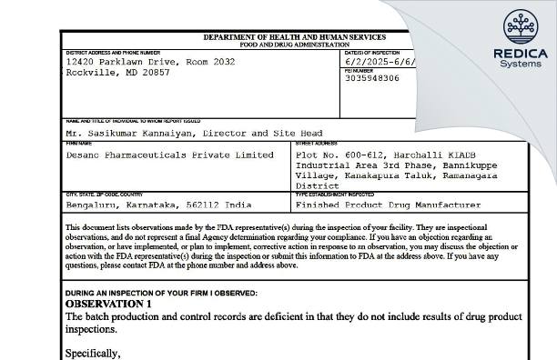 FDA 483 - DESANO PHARMACEUTICALS PRIVATE LIMITED [Harohalli / India] - Download PDF - Redica Systems