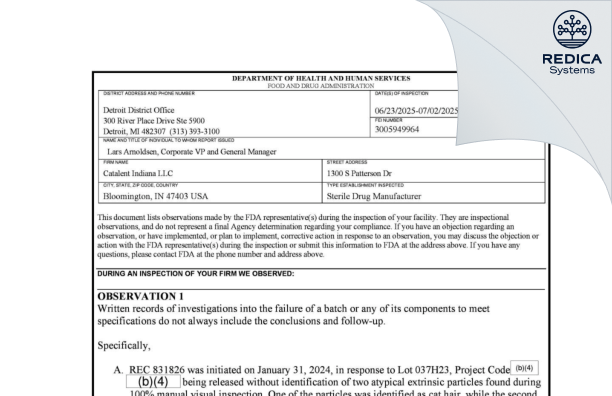 FDA 483 - Catalent Indiana, LLC [Bloomington / United States of America] - Download PDF - Redica Systems