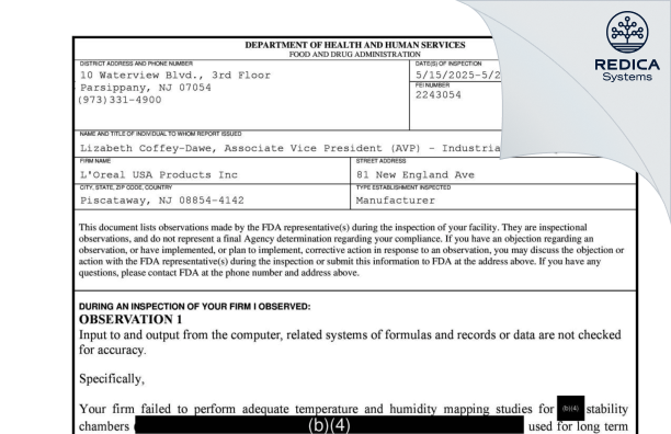 FDA 483 - L'OREAL USA, INC. [Piscataway / United States of America] - Download PDF - Redica Systems