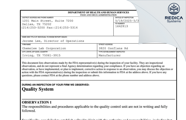 FDA 483 - Chemolee Lab Corporation [Irving / United States of America] - Download PDF - Redica Systems
