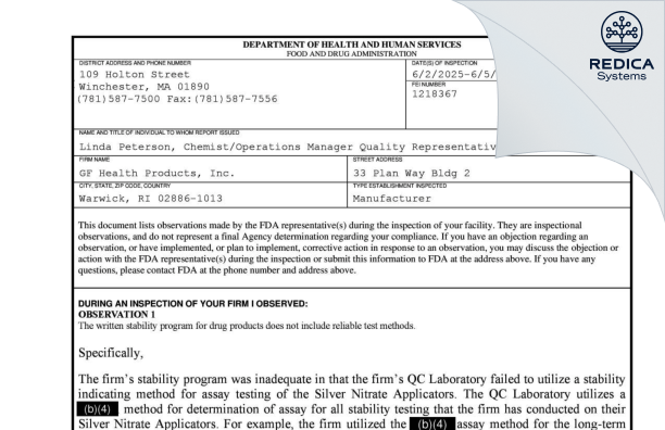 FDA 483 - GF Health Products, Inc. [Warwick / United States of America] - Download PDF - Redica Systems
