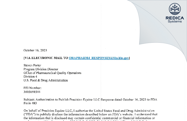 FDA 483 Response - Precision Equine, LLC [Bakersfield / United States of America] - Download PDF - Redica Systems