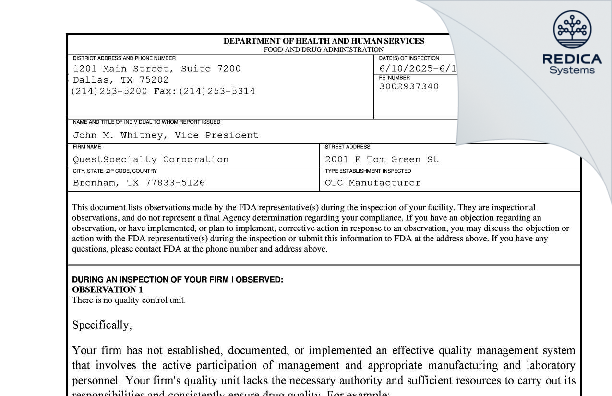 FDA 483 - QuestSpecialty Corporation [Brenham / United States of America] - Download PDF - Redica Systems