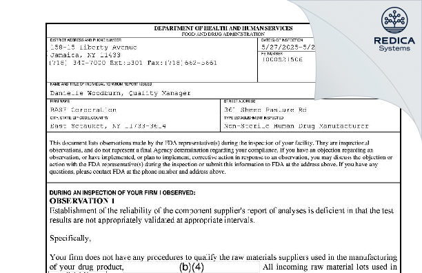 FDA 483 - BASF Corporation [East Setauket / United States of America] - Download PDF - Redica Systems