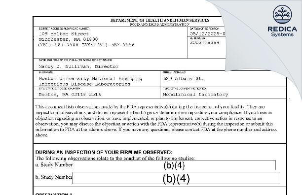 FDA 483 - Boston University School Of Medi [Boston / United States of America] - Download PDF - Redica Systems