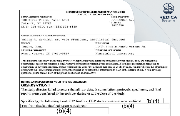 FDA 483 - Inotiv, Inc [Mount Vernon / United States of America] - Download PDF - Redica Systems