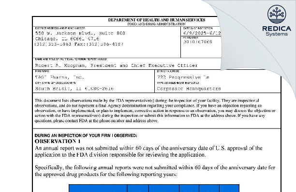 FDA 483 - TAGI Pharma, Inc. [South Beloit / United States of America] - Download PDF - Redica Systems