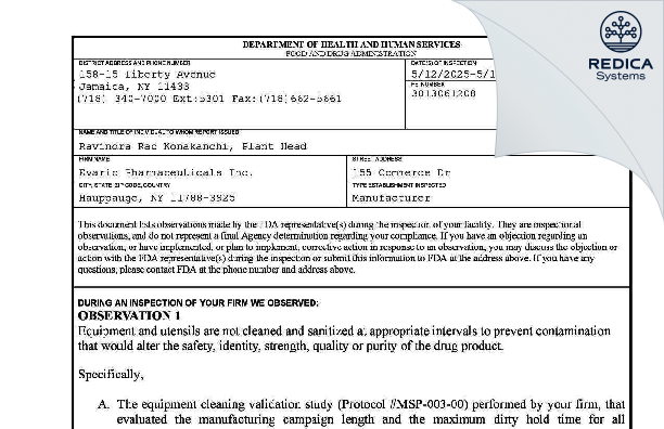 FDA 483 - Evaric Pharmaceuticals Inc [Hauppauge / United States of America] - Download PDF - Redica Systems