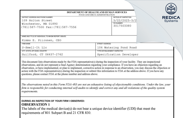 FDA 483 - U-SMELL-IT LLC [Guilford / United States of America] - Download PDF - Redica Systems