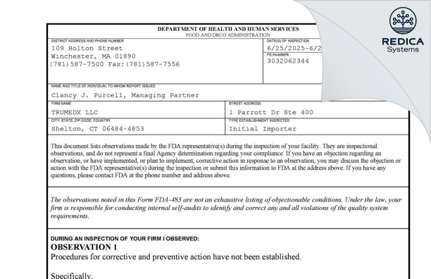 FDA 483 - TRUMEDX LLC [Derby / United States of America] - Download PDF - Redica Systems