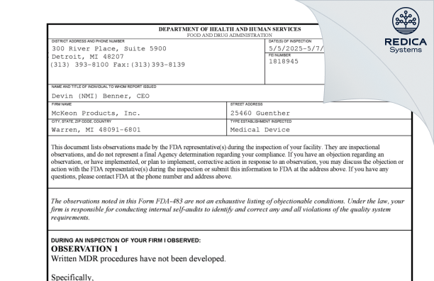 FDA 483 - McKeon Products, Inc. [Warren / United States of America] - Download PDF - Redica Systems