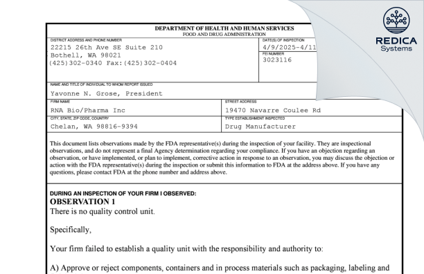 FDA 483 - RNA BIO/PHARMA INC. [Chelan / United States of America] - Download PDF - Redica Systems