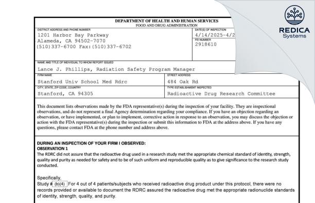 FDA 483 - Stanford University School of Medicine Radioactive Drug Research Committee [Stanford / United States of America] - Download PDF - Redica Systems