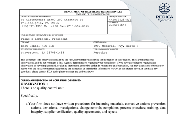 FDA 483 - Best Dental Kit LLC [Shavertown / United States of America] - Download PDF - Redica Systems